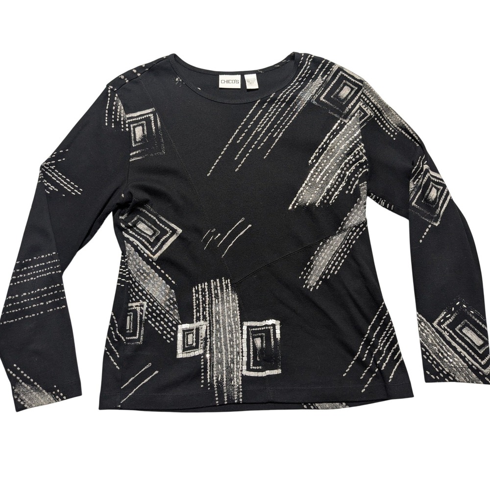 Chicos Size 2 Black Silver Geometric Abstract Sequin Embellished Cotton Top